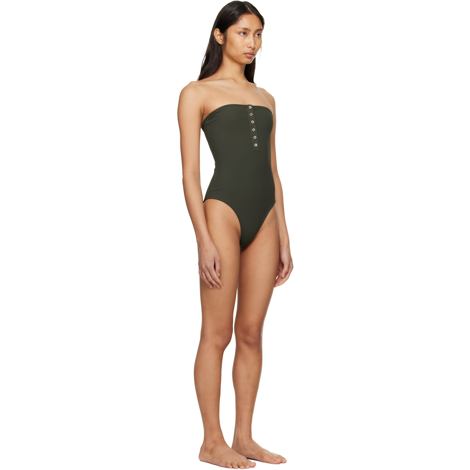  Toteme Green Ribbed Strapless Swimsuit 