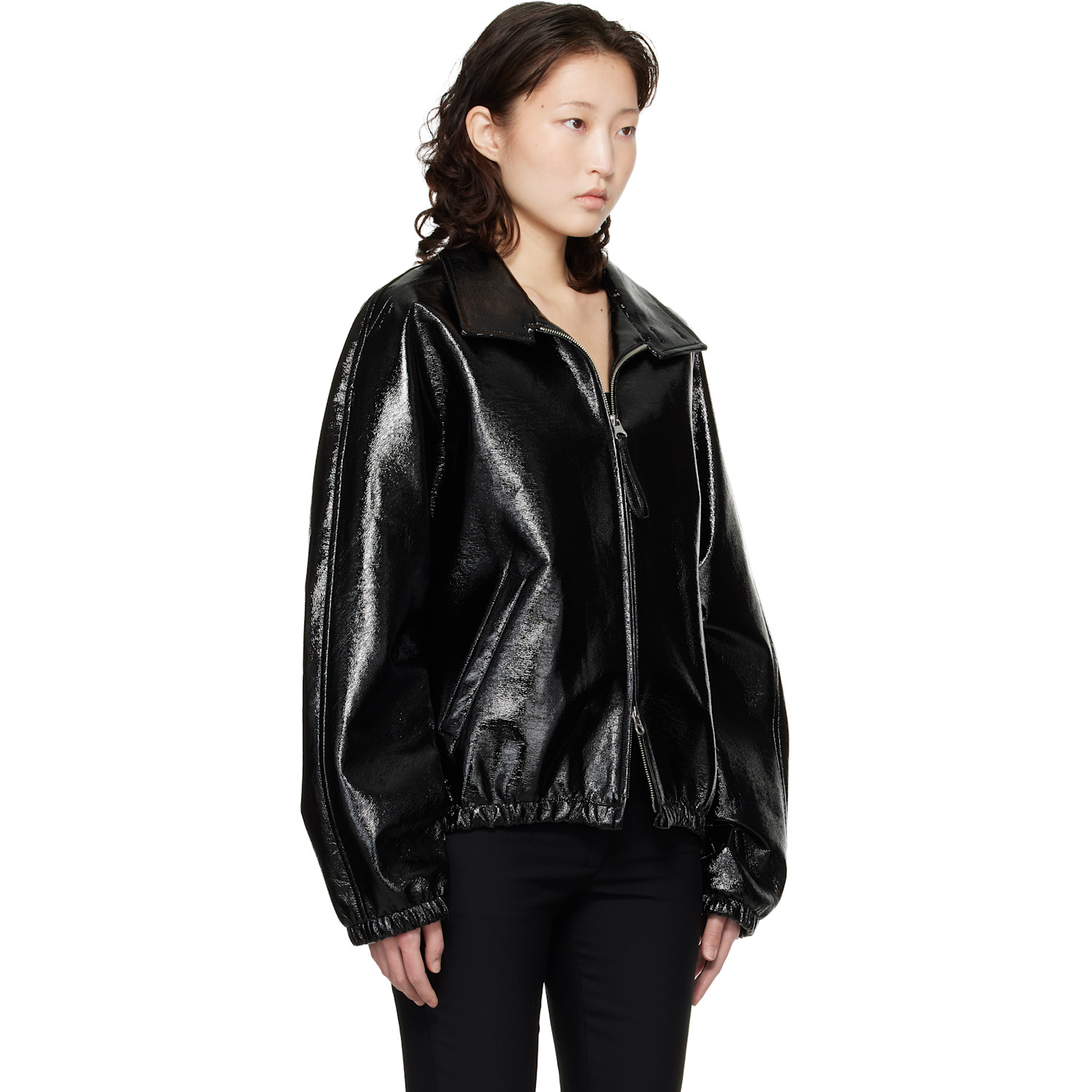  Courrèges Black Vinyl Zipped Bomber Jacket 