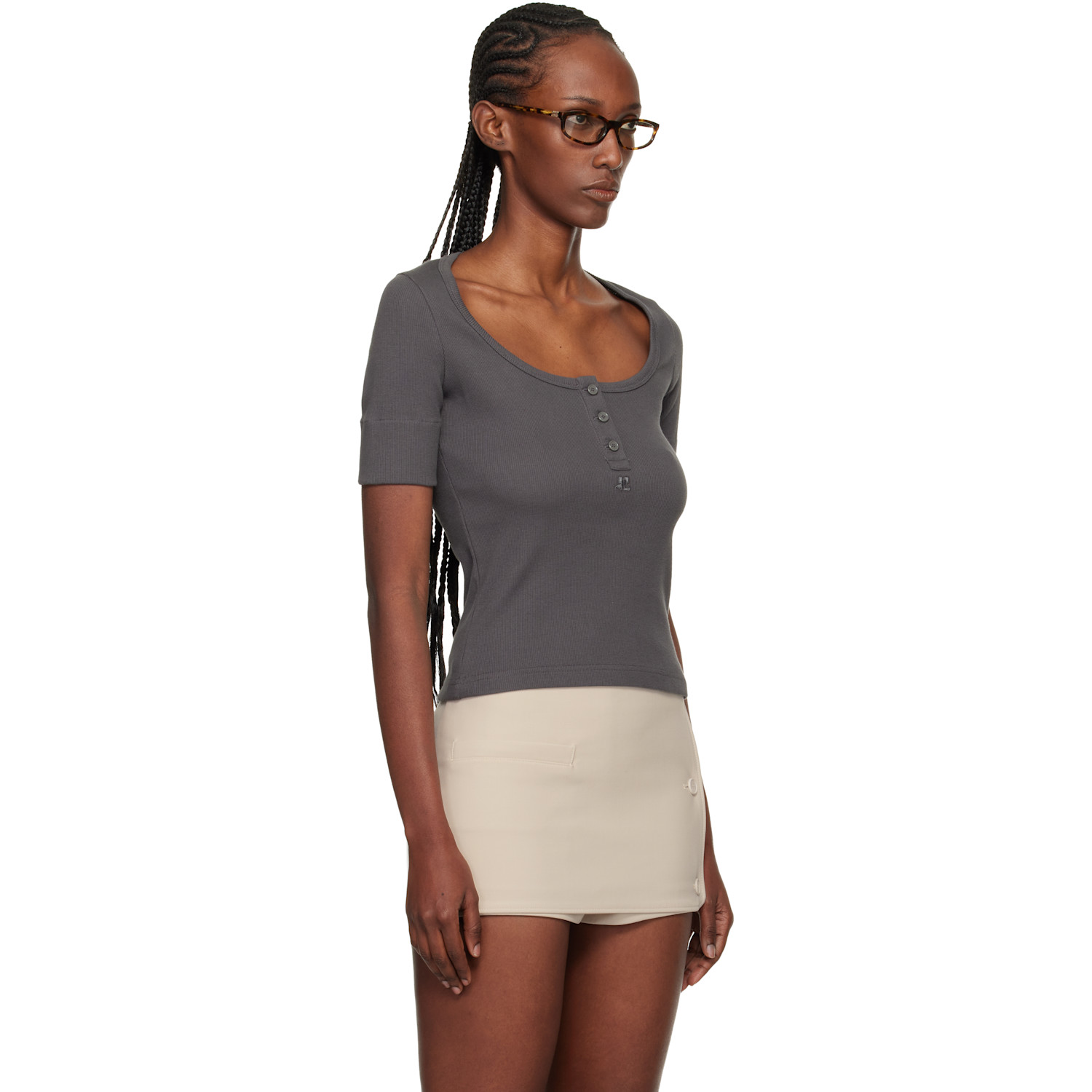  Courrèges Gray Buttoned 90's Rib T-shirt 