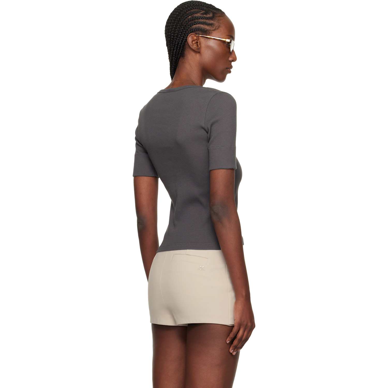  Courrèges Gray Buttoned 90's Rib T-shirt 