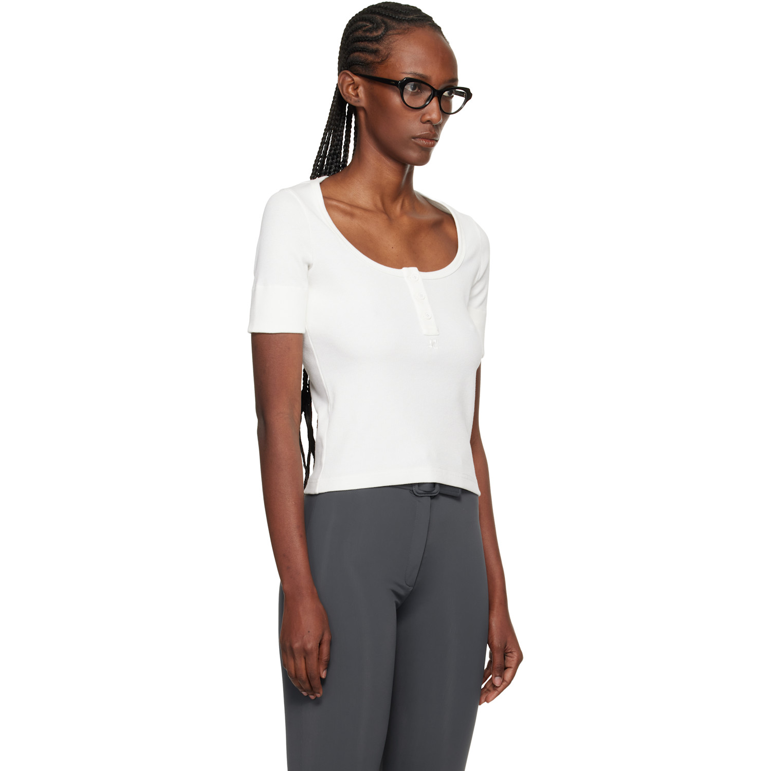  Courrèges White Buttoned 90's Rib T-shirt 