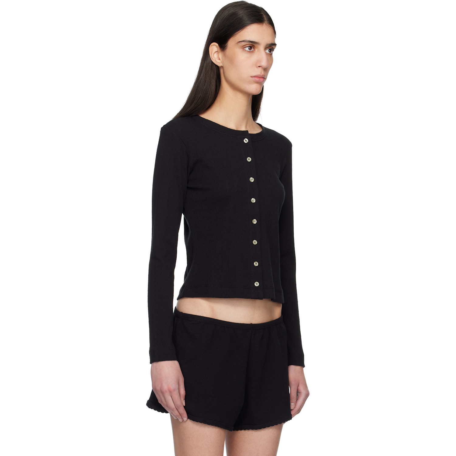  Leset Black Pointelle Classic Crew Cardigan 