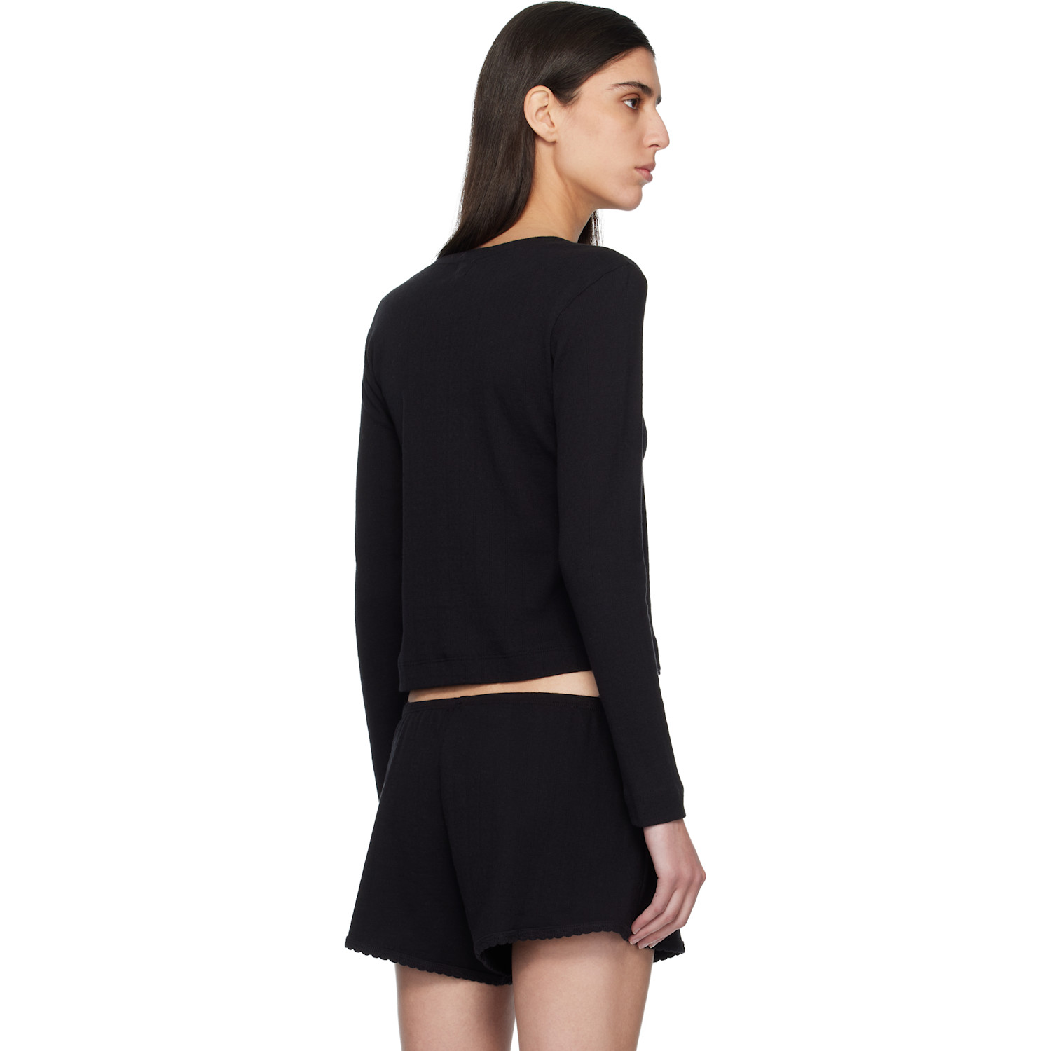  Leset Black Pointelle Classic Crew Cardigan 