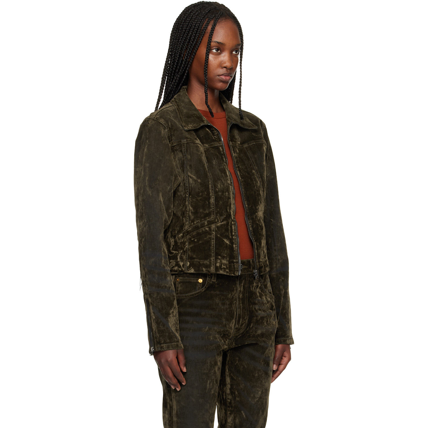  Re/done Green Slim Zip Denim Jacket 