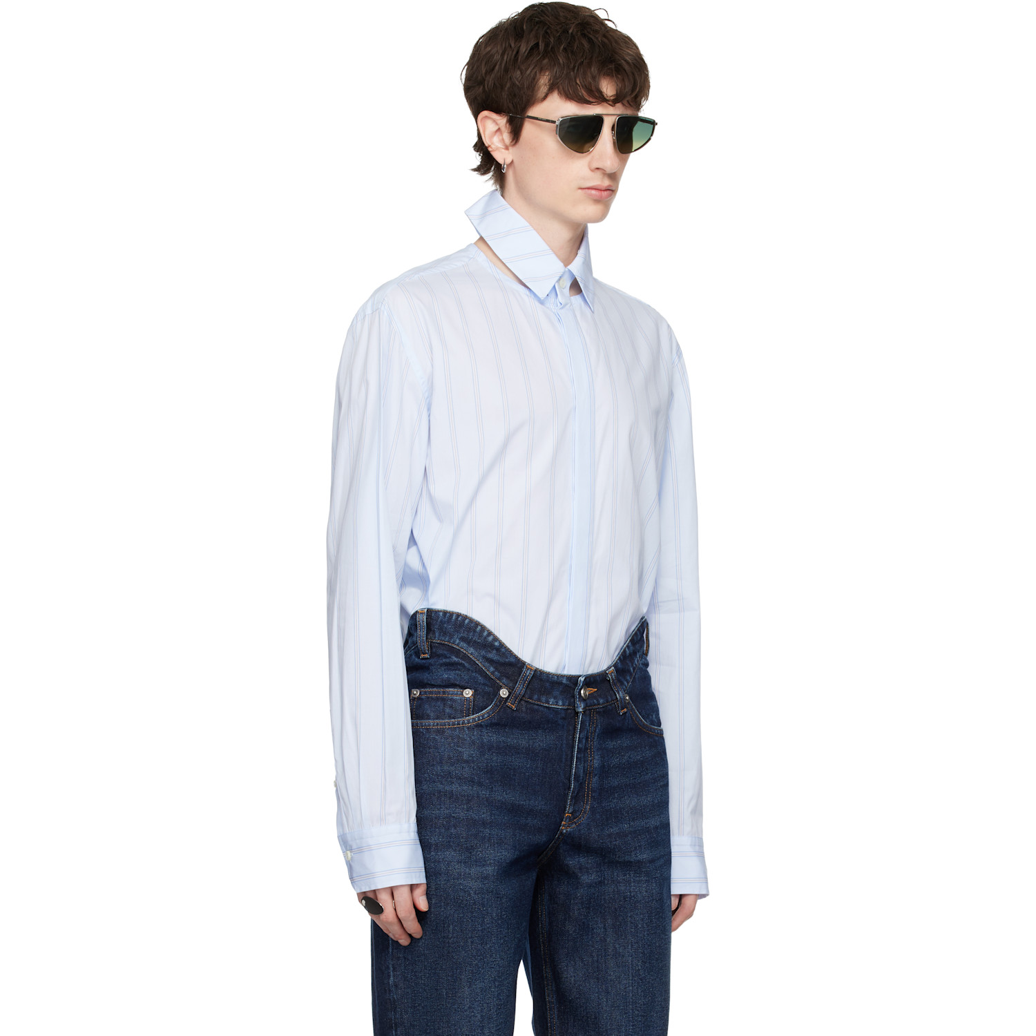  Jean Paul Gaultier Blue Pinstriped Floating Collar Shirt 