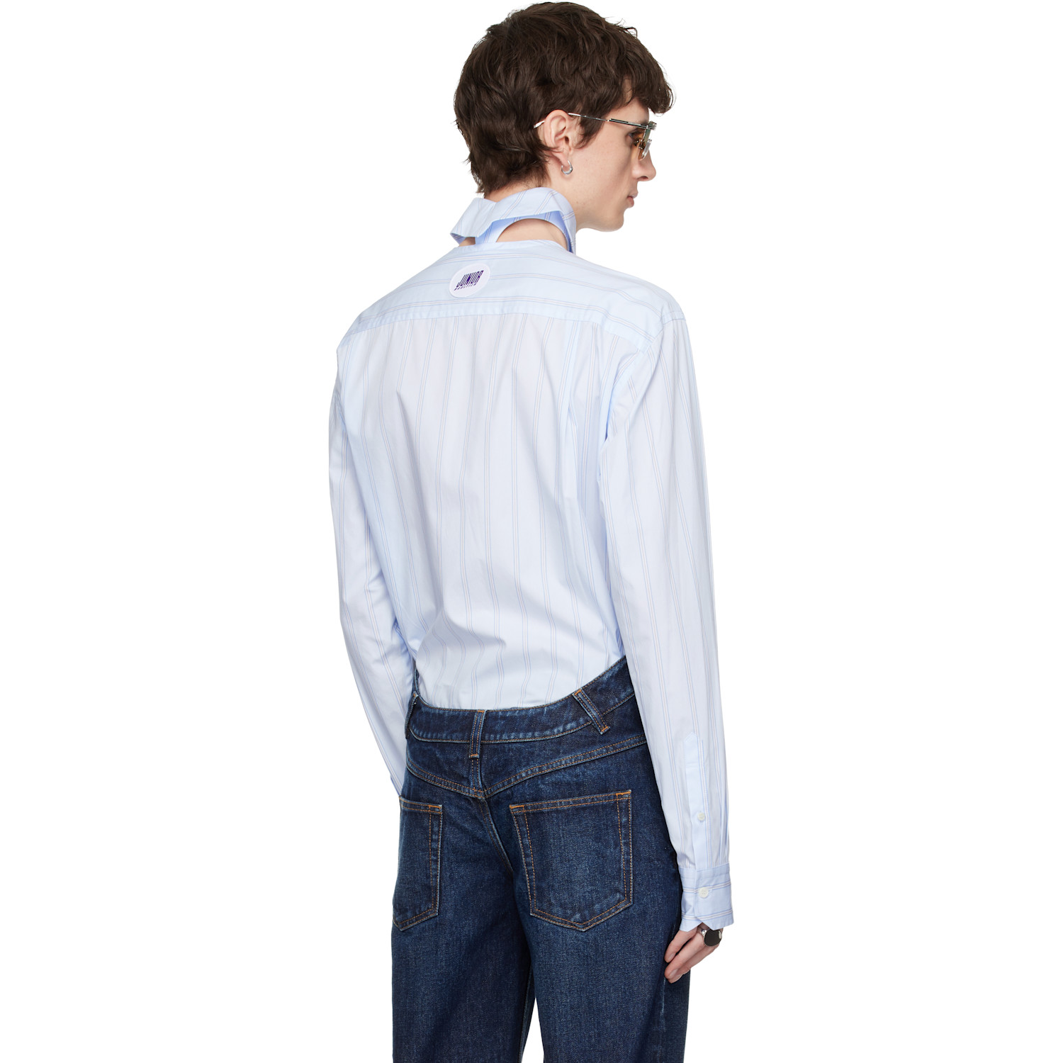  Jean Paul Gaultier Blue Pinstriped Floating Collar Shirt 
