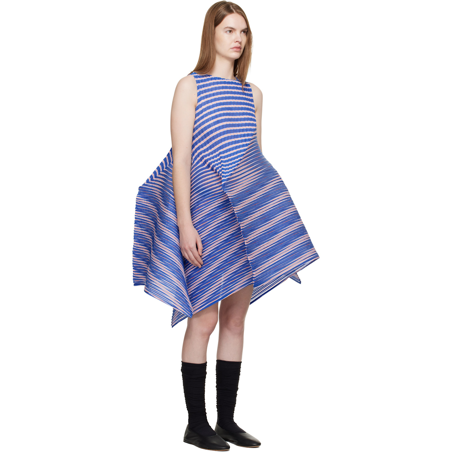  Issey Miyake Navy Generic Stripes Machine Pleats Minidress 