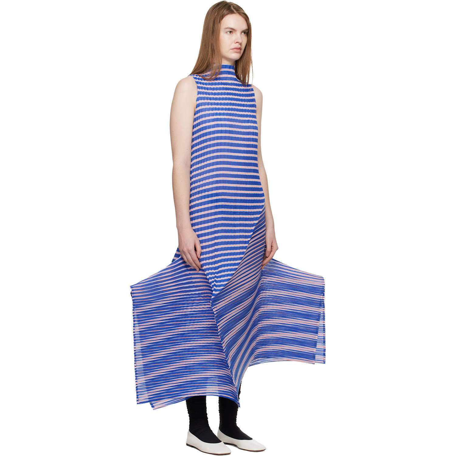  Issey Miyake Navy Generic Stripes Machine Pleats Midi Dress 