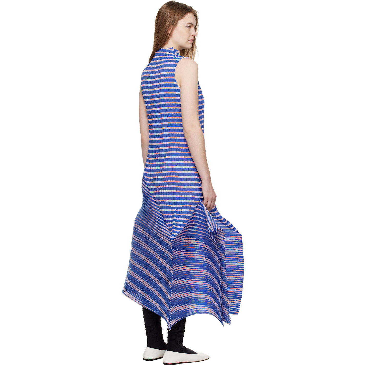  Issey Miyake Navy Generic Stripes Machine Pleats Midi Dress 