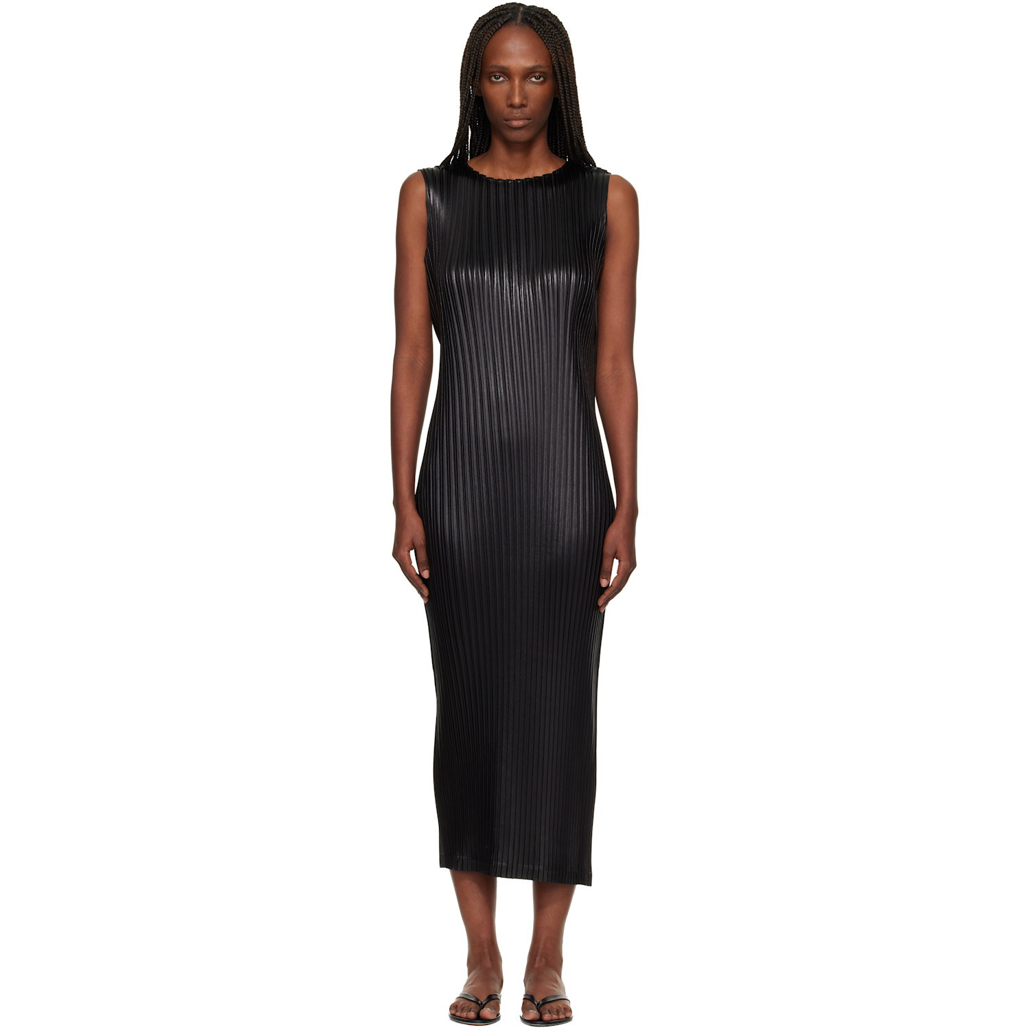 ISSEY MIYAKE Black Glossed Metal Pleats Midi Dress
