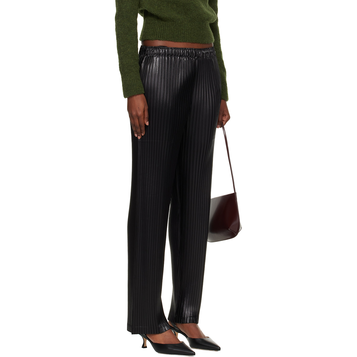  Issey Miyake Black Glossed Metal Pleats Trousers 