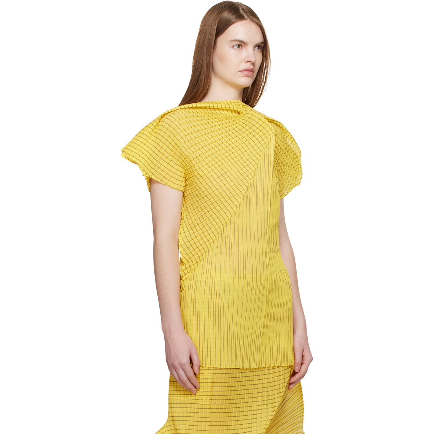  Issey Miyake Yellow Generic Stripes Machine Pleats Blouse 