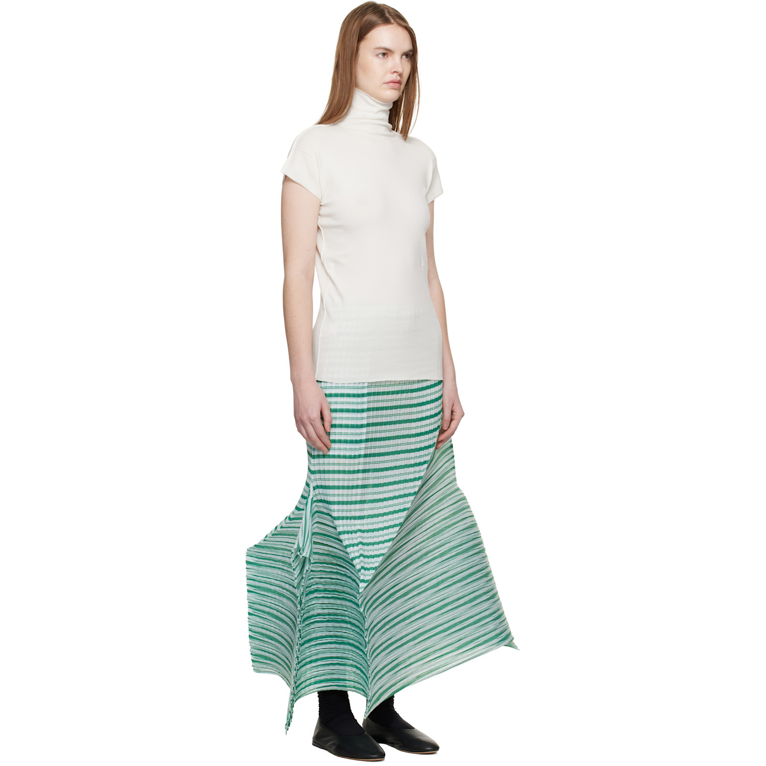  Issey Miyake Green Generic Stripes Machine Pleats Midi Skirt 