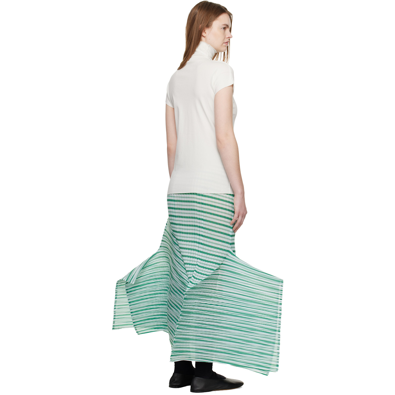  Issey Miyake Green Generic Stripes Machine Pleats Midi Skirt 