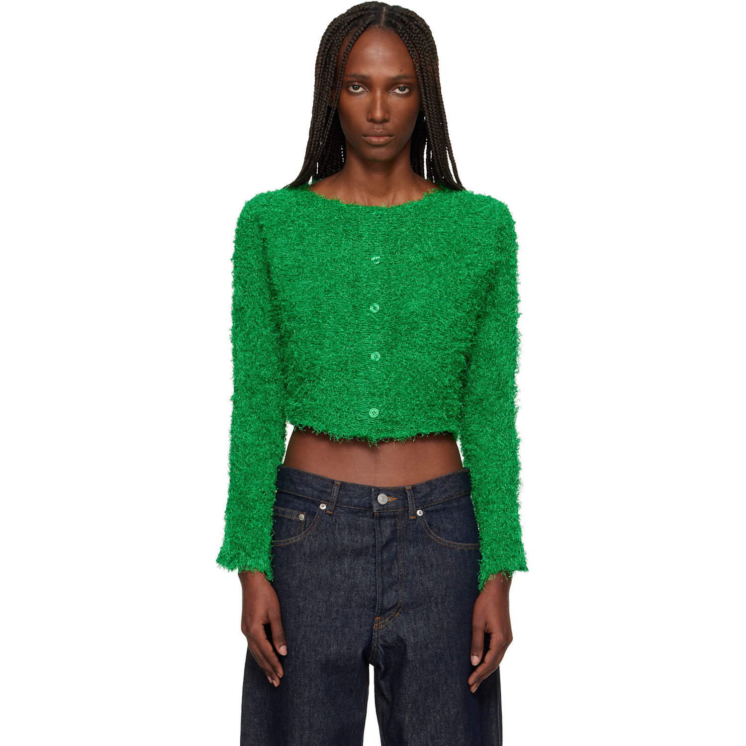 ISSEY MIYAKE Green Shifted Fuzzy Pleats Cardigan
