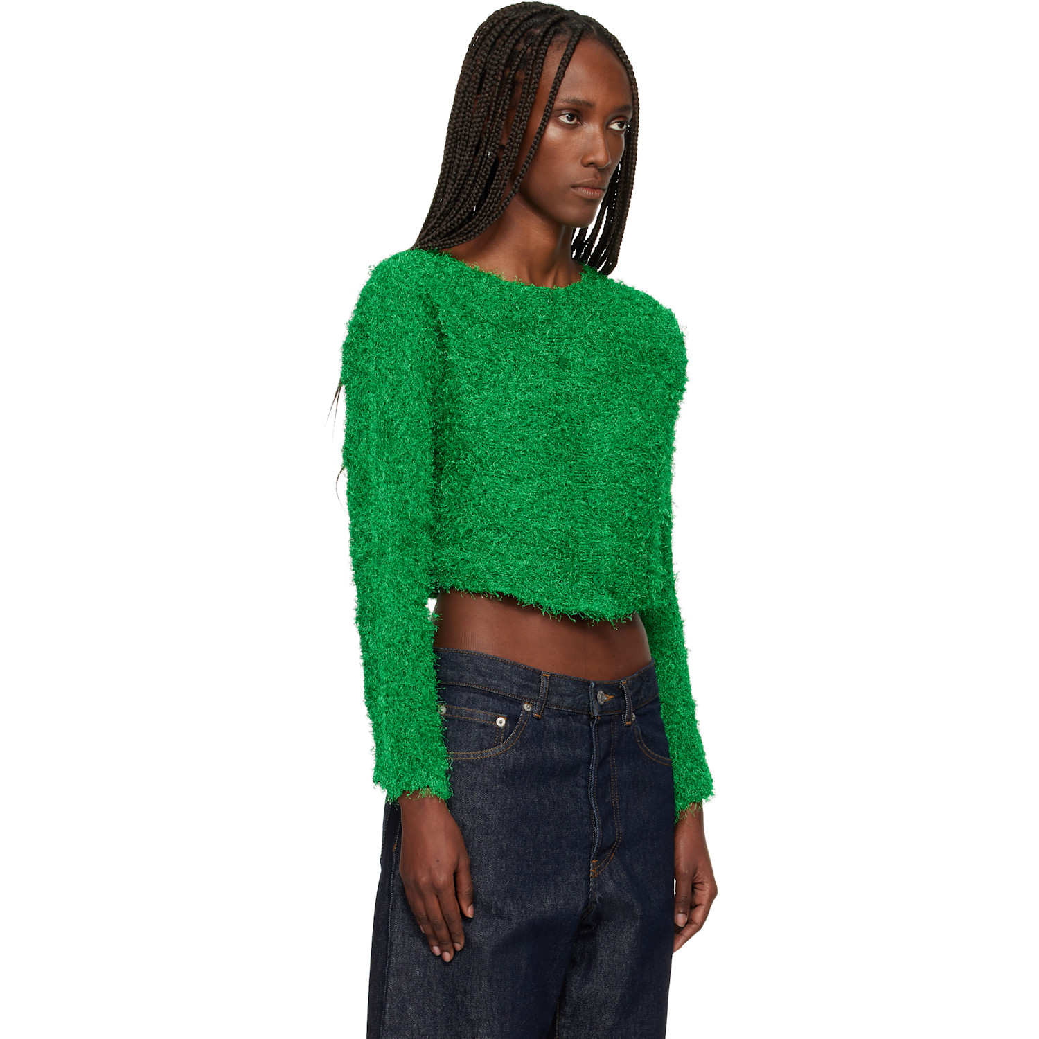  Issey Miyake Green Shifted Fuzzy Pleats Cardigan 