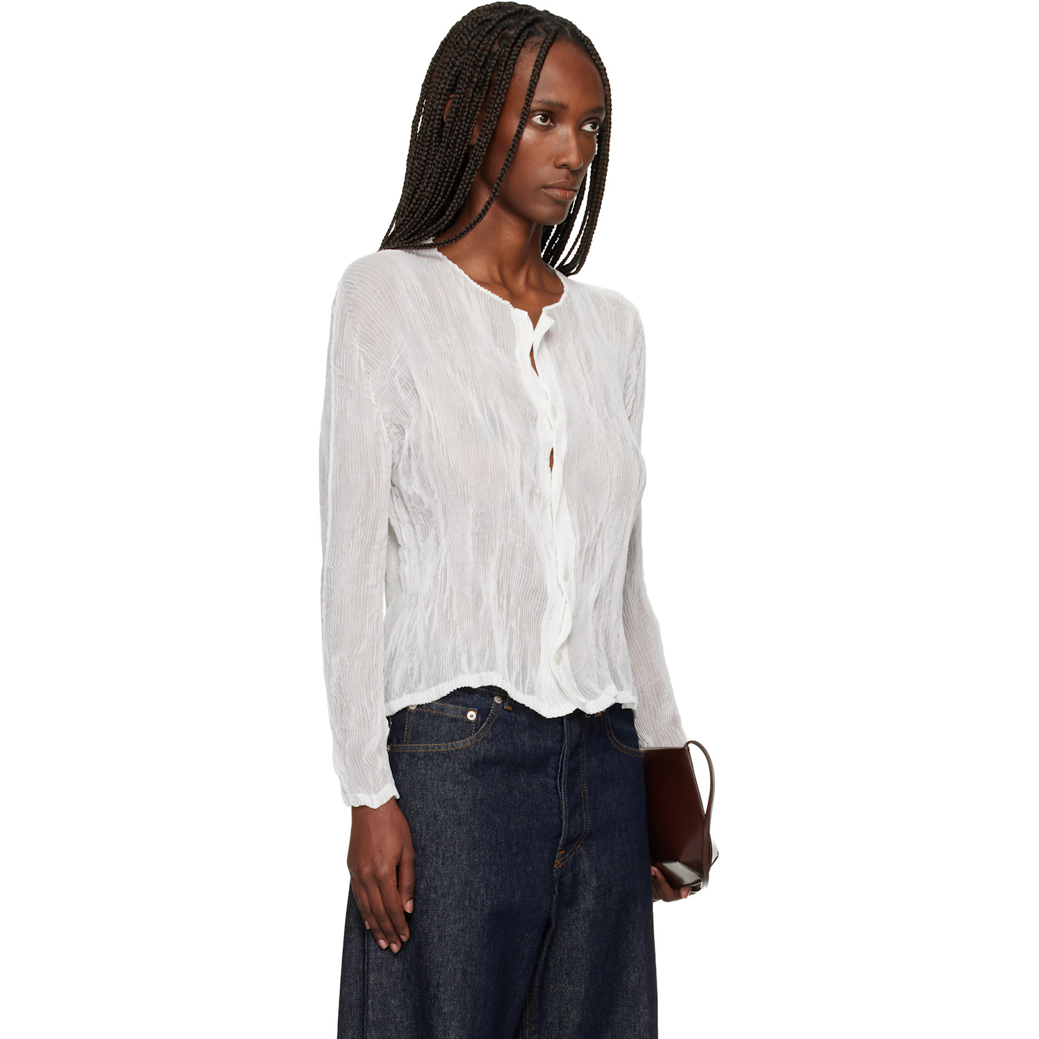  Issey Miyake White Chiffon Twist Cardigan 