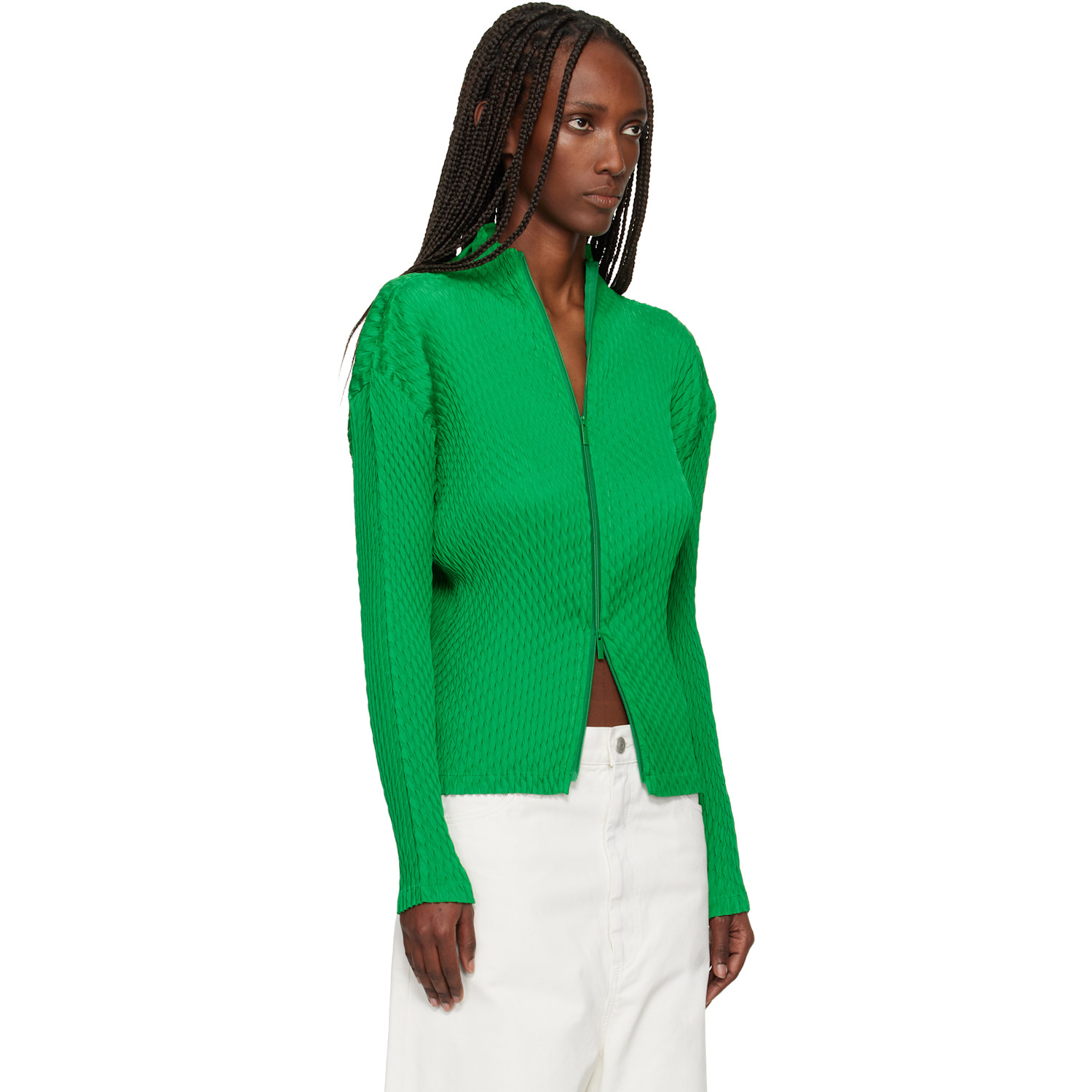  Issey Miyake Green Sleek Pleats Cardigan 
