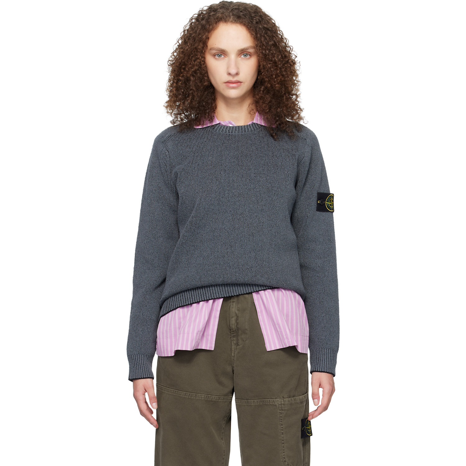 Stone Island Gray 5100033 Plated Rib Cotton Bouclé Sweater