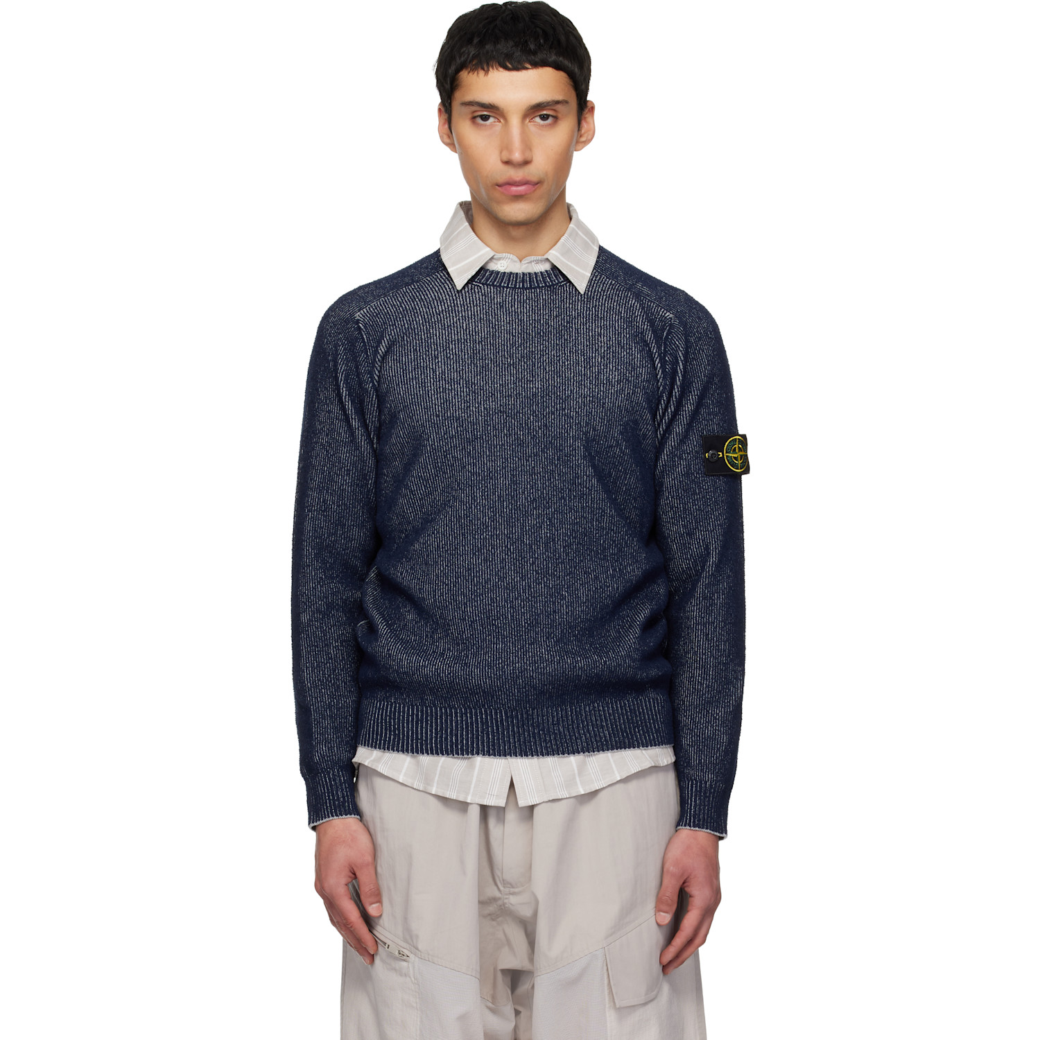Stone Island Navy 5100033 Plated Rib Cotton Bouclé Sweater