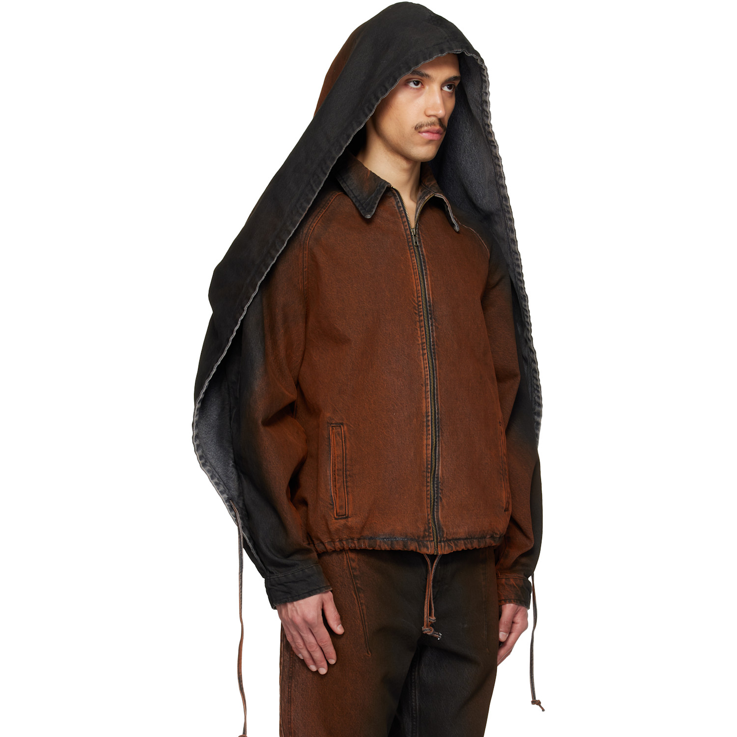  Egonlab Black & Orange Convertible Hooded Denim Jacket 