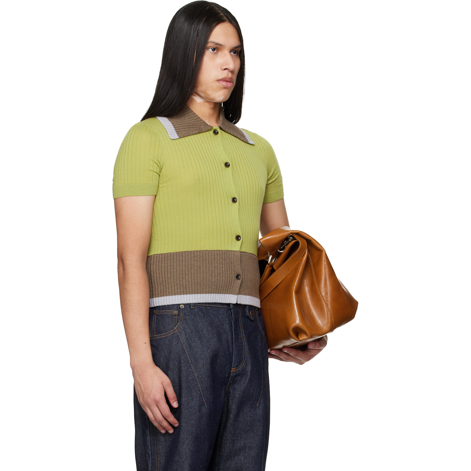  Egonlab Green & Brown Contrasted Ribs Knit Polo 