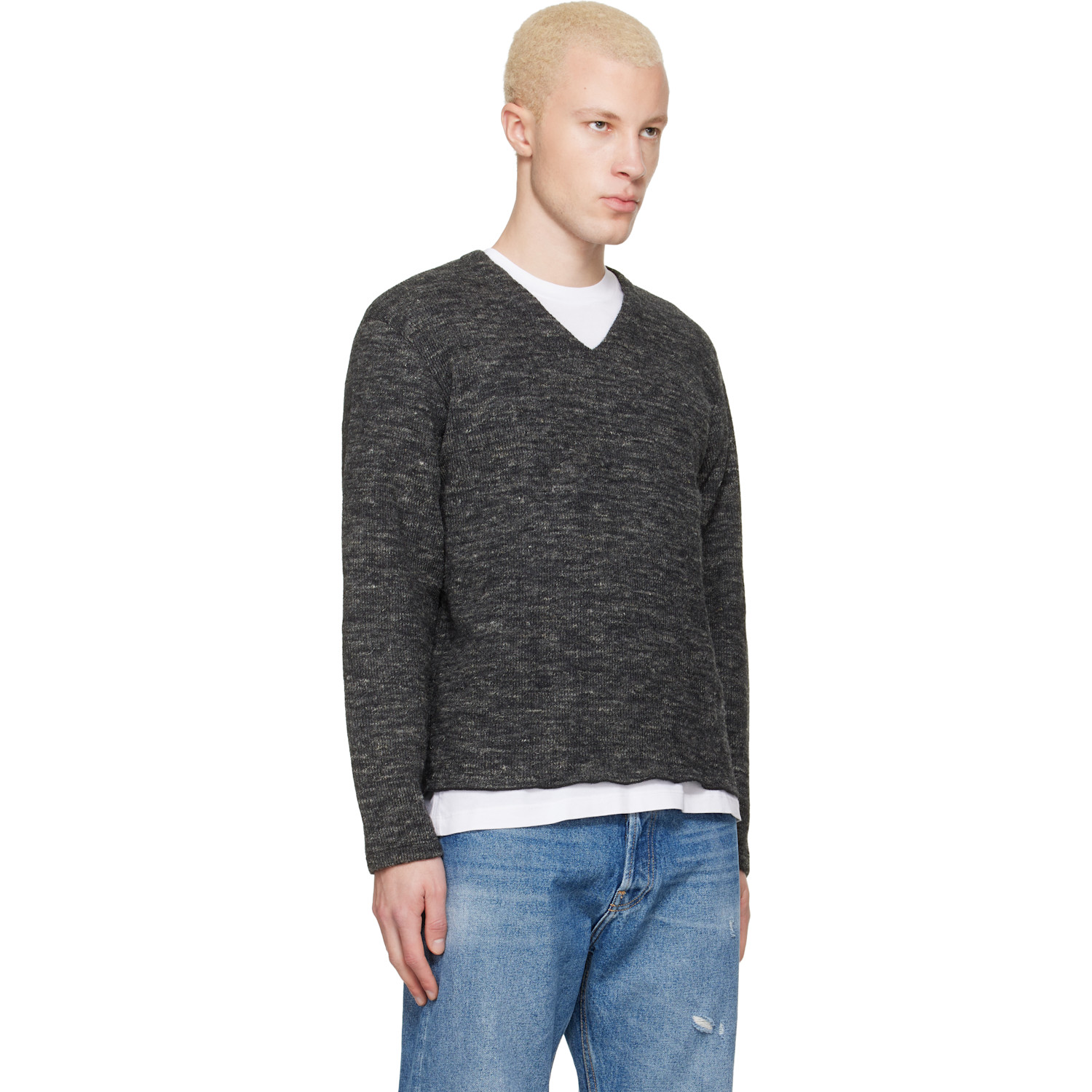  Lady White Co. Gray Linen Wool V-neck Sweater 