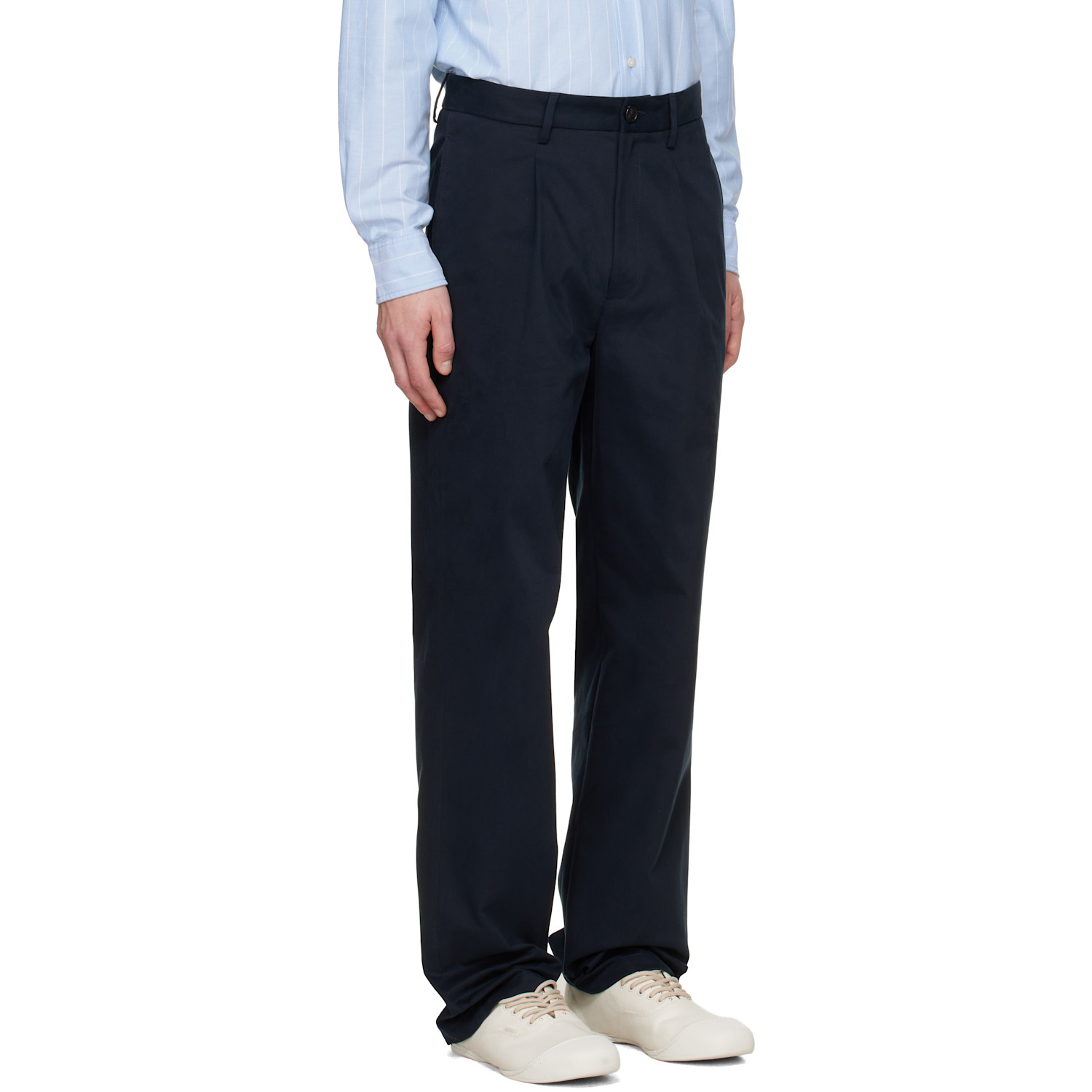  Noah Navy Sanded Twill Pleated Trousers 