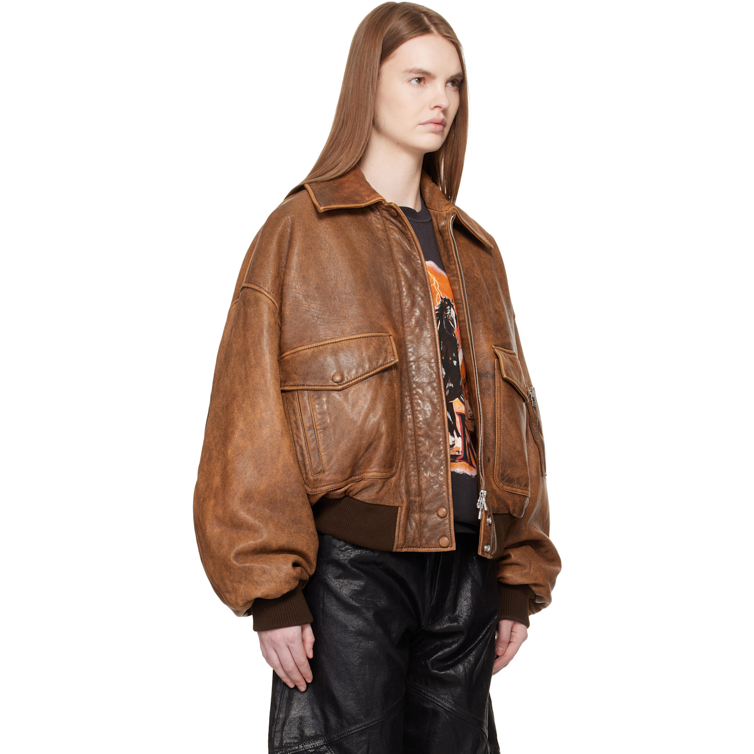  Amiri Tan Faded Leather Bomber Jacket 