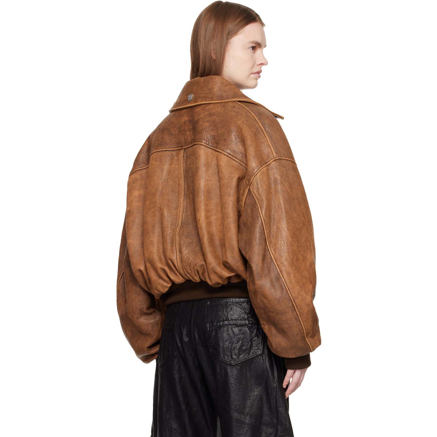  Amiri Tan Faded Leather Bomber Jacket 