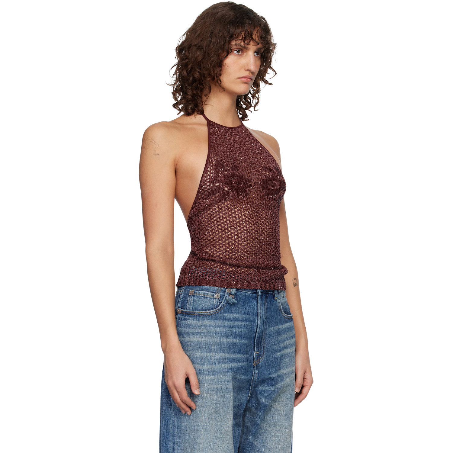  Amiri Burgundy Floral Crochet Open Back Tank Top 