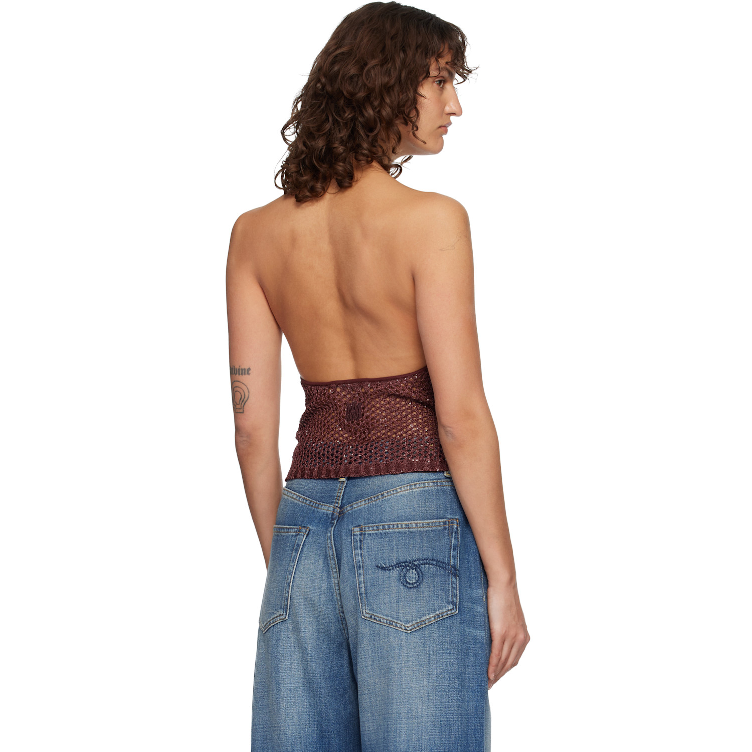  Amiri Burgundy Floral Crochet Open Back Tank Top 