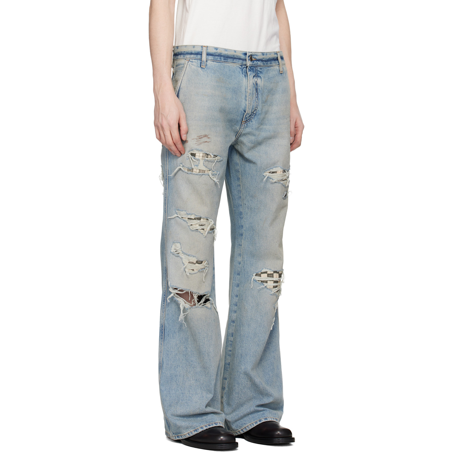  Amiri Blue Checkered Repair Bootcut Jeans 