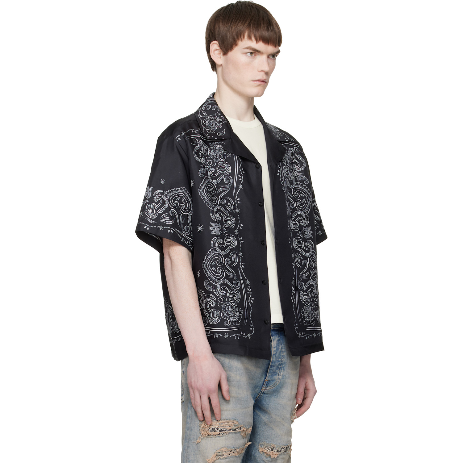  Amiri Black Bandana Paint Oversized Bowling Shirt 