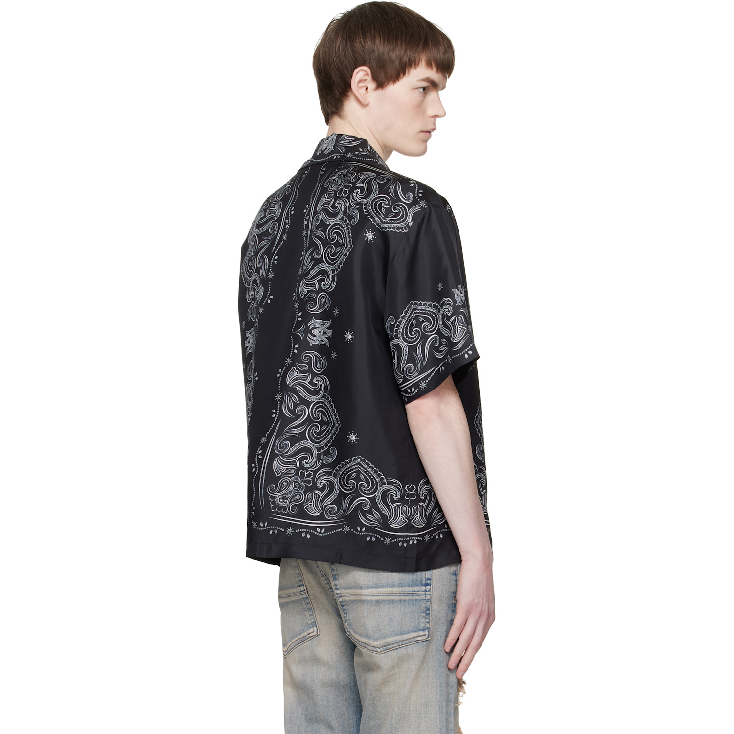 Amiri Black Bandana Paint Oversized Bowling Shirt 
