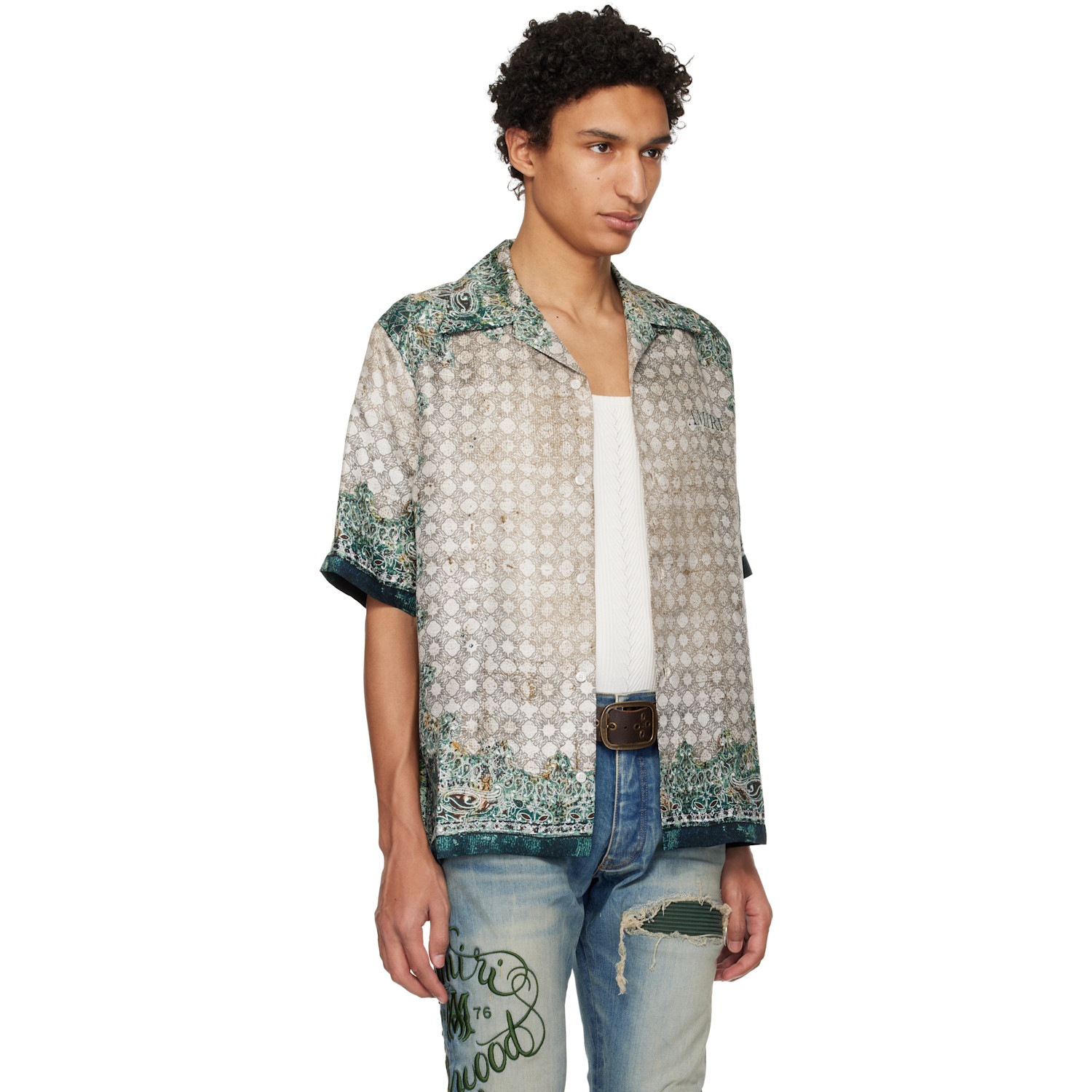  Amiri Gray & Green Bandana Bowling Shirt 
