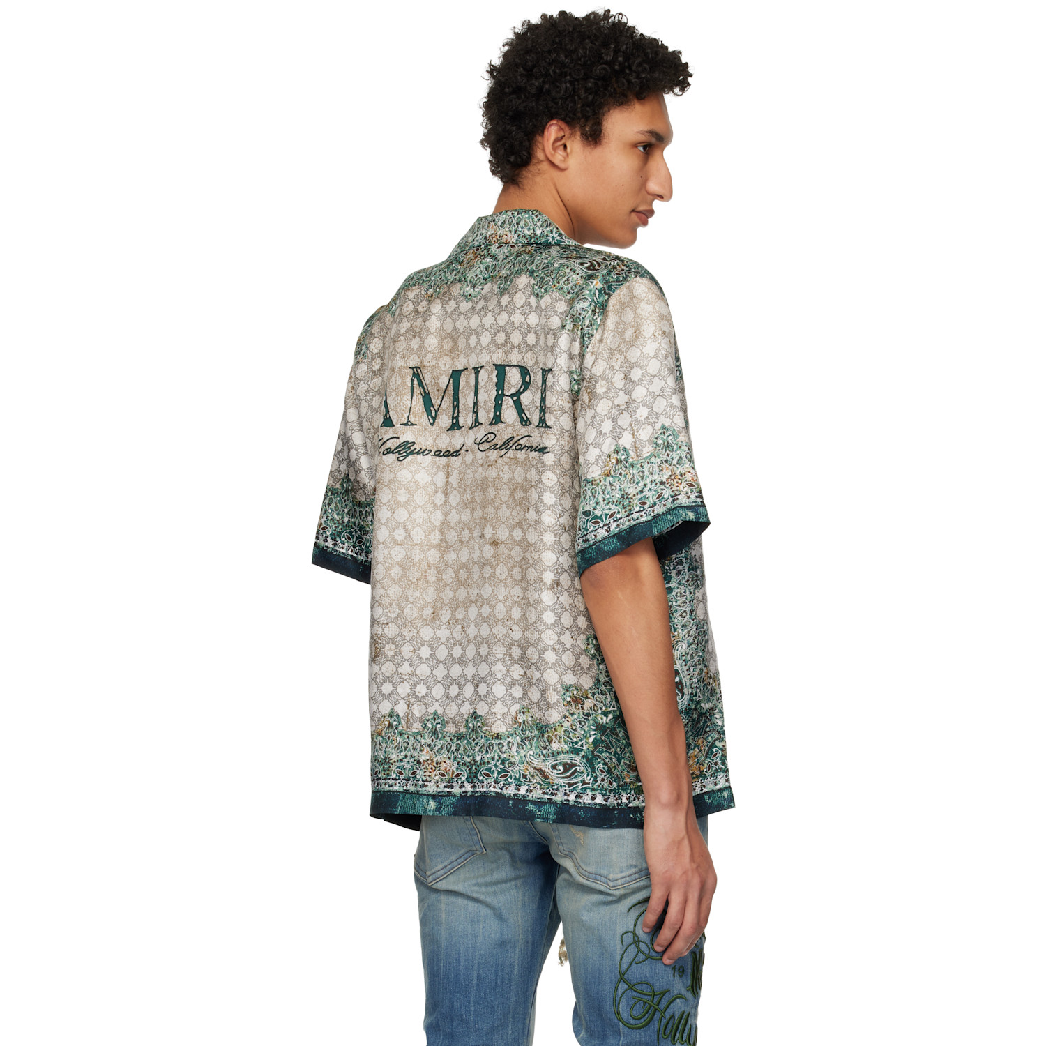  Amiri Gray & Green Bandana Bowling Shirt 