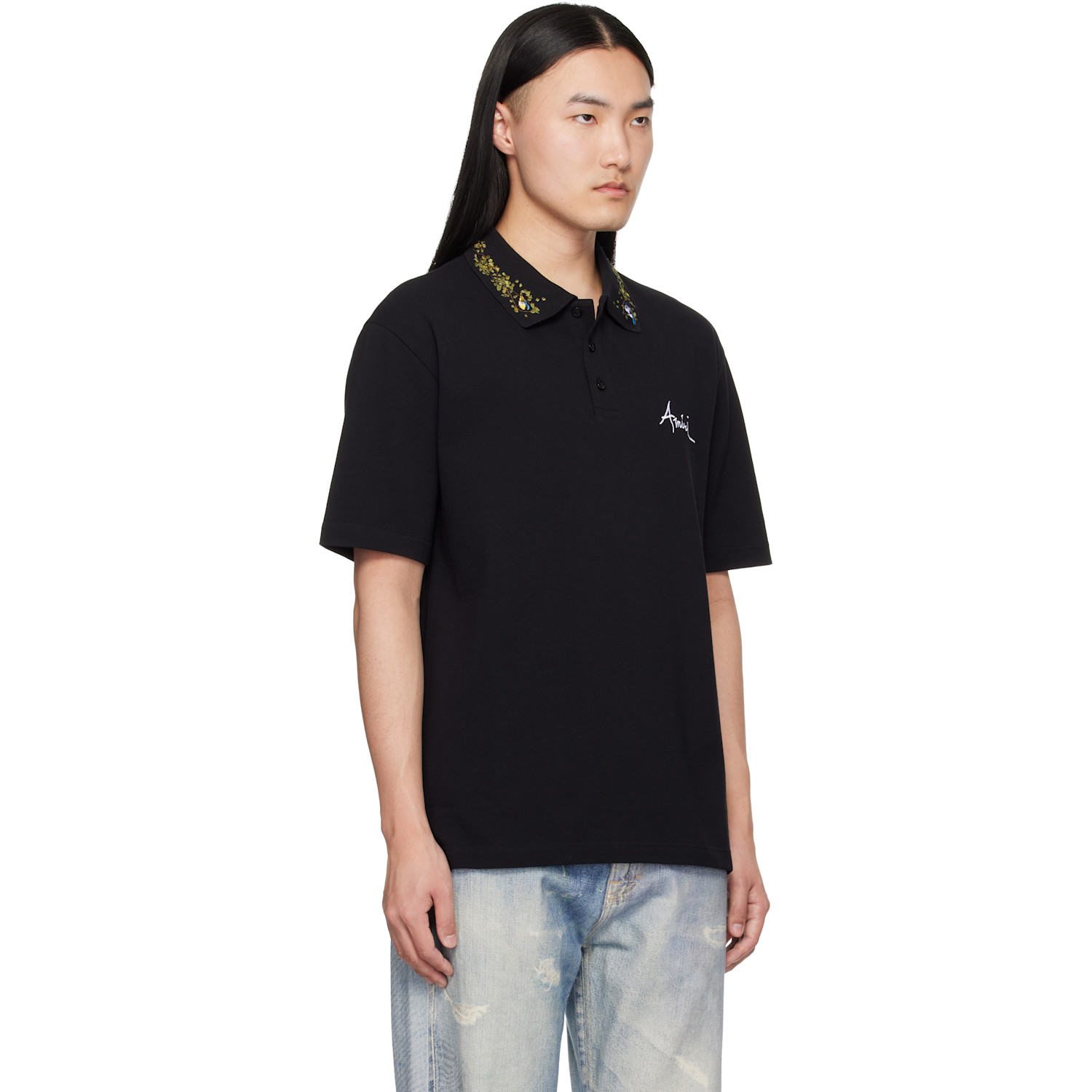  Amiri Black 'amiri' Floral Collar Polo 