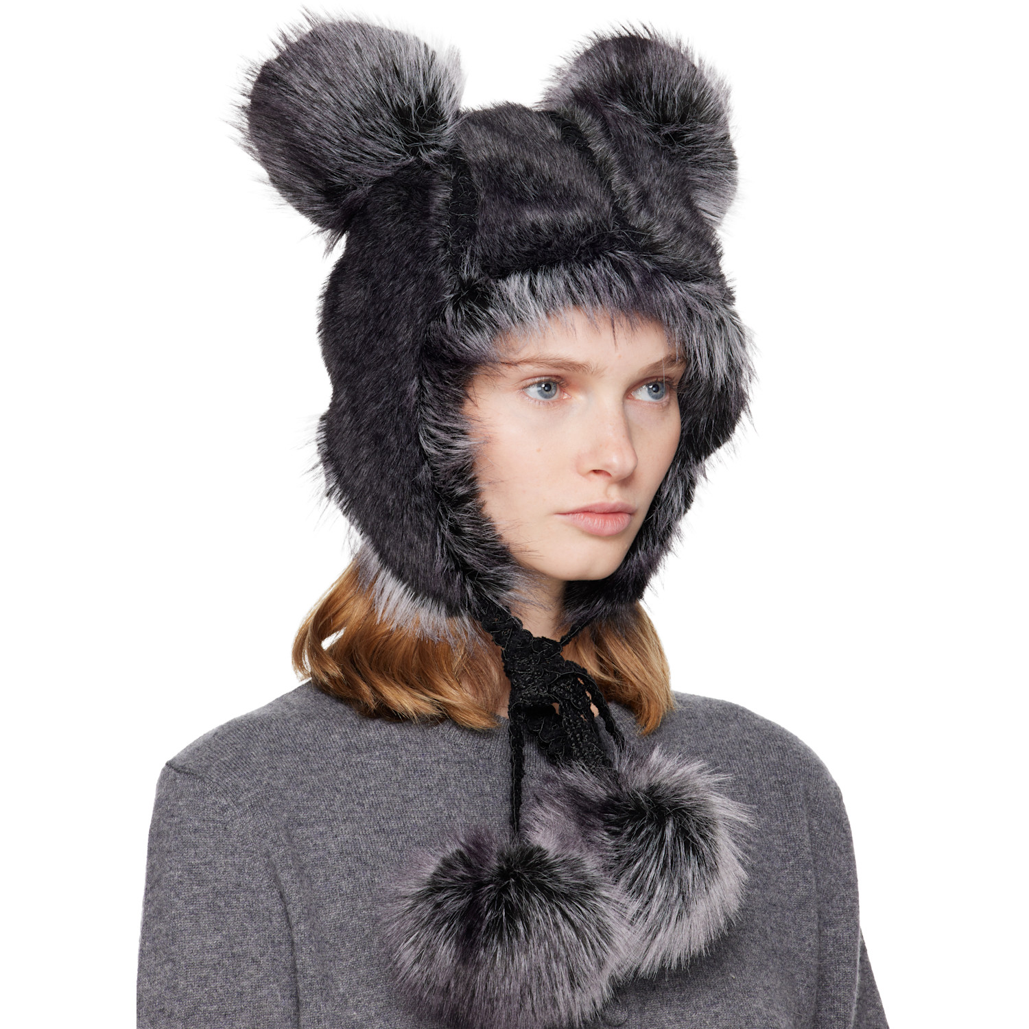  Anna Sui Ssense Exclusive Black & Gray Faux Fur Teddy Bear Hat 