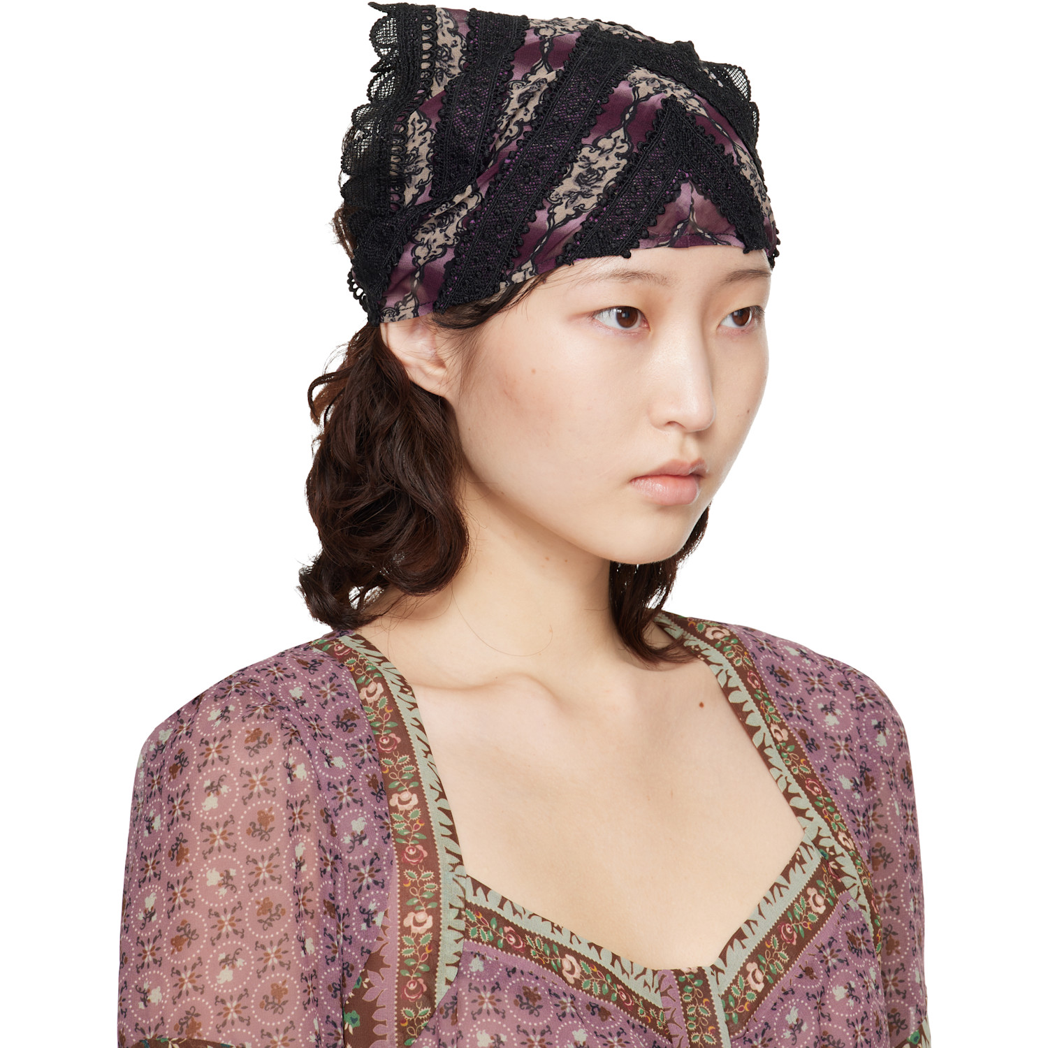  Anna Sui Black & Purple Cameo Stripe Print Headscarf 