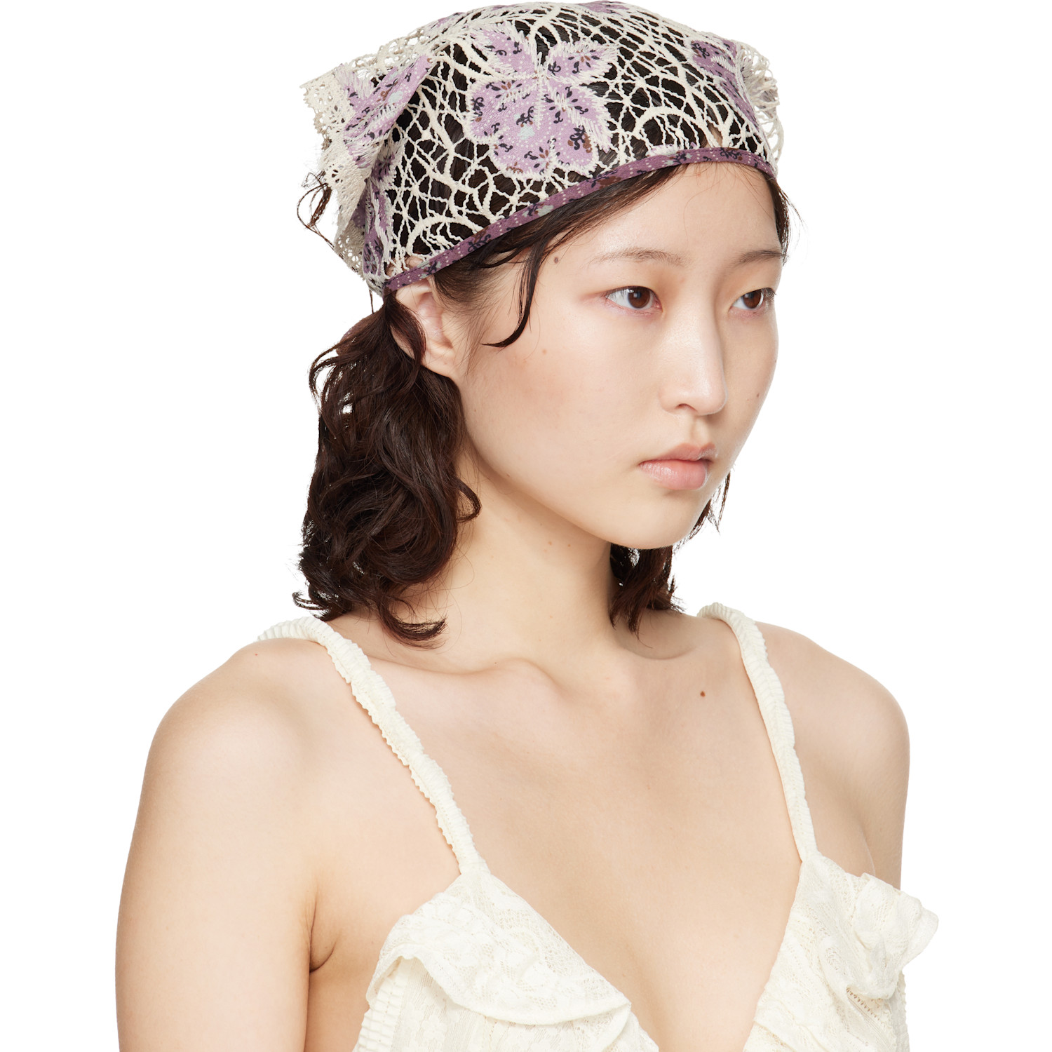  Anna Sui Purple & Off-white Medallion Floral Lace Headscarf 