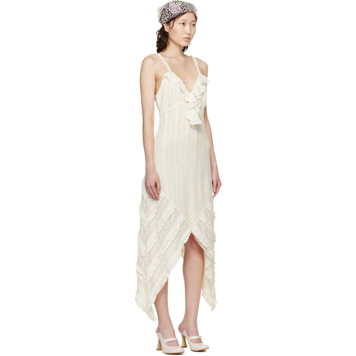  Anna Sui Off-white Floral Ruffle Stretch Lace Handkerchief Midi Dress 