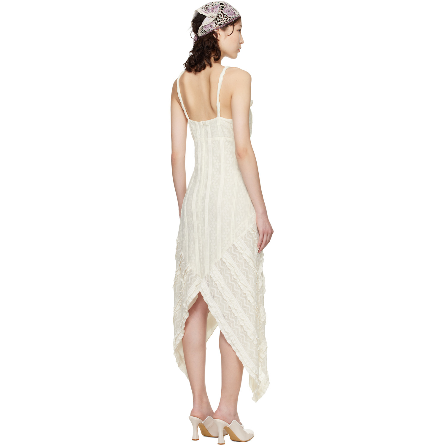  Anna Sui Off-white Floral Ruffle Stretch Lace Handkerchief Midi Dress 