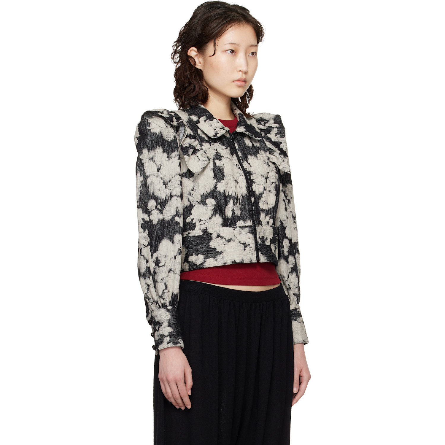  Anna Sui Black & Off-white Cropped Ruffle Jacket 