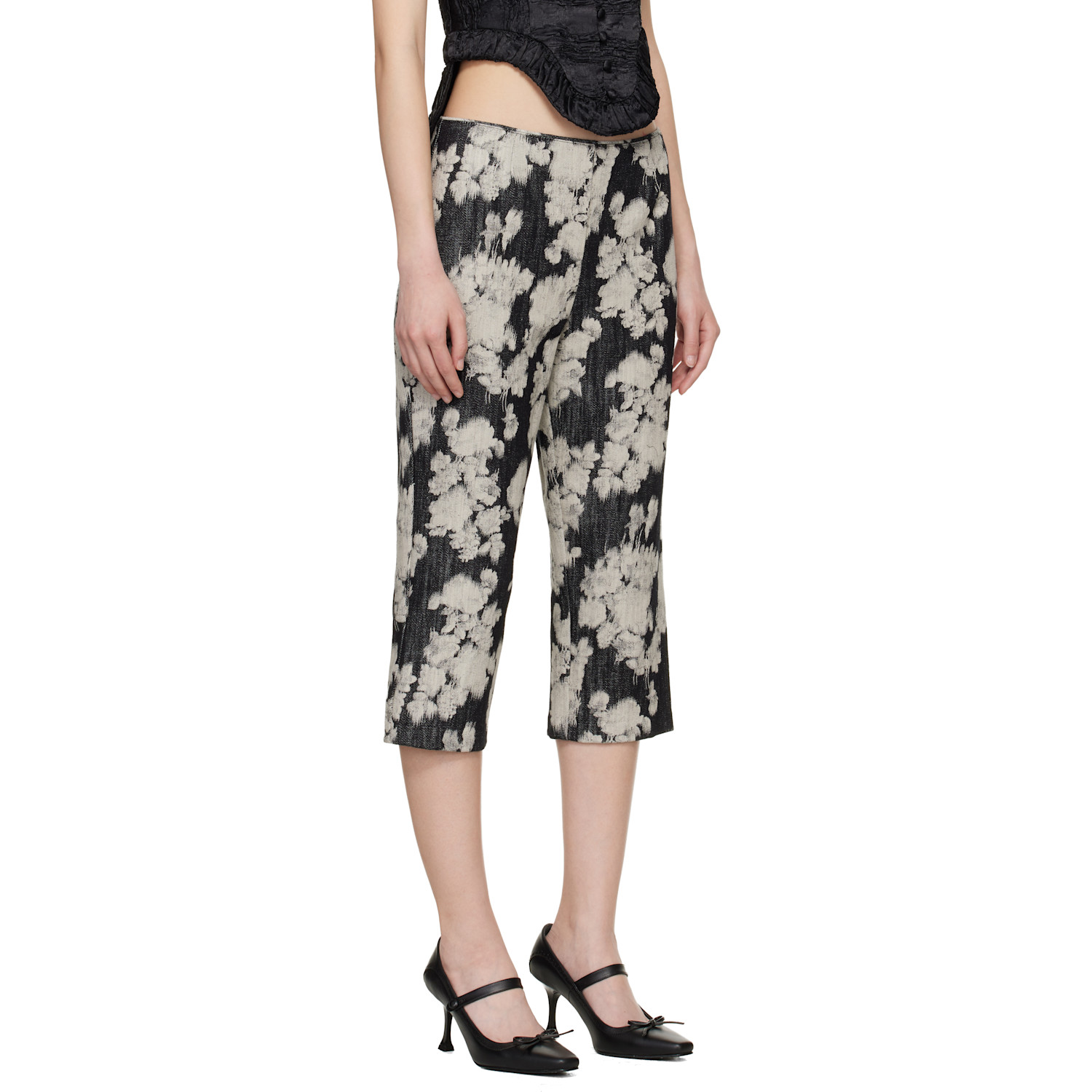  Anna Sui Black & Off-white Rose Capri Trousers 