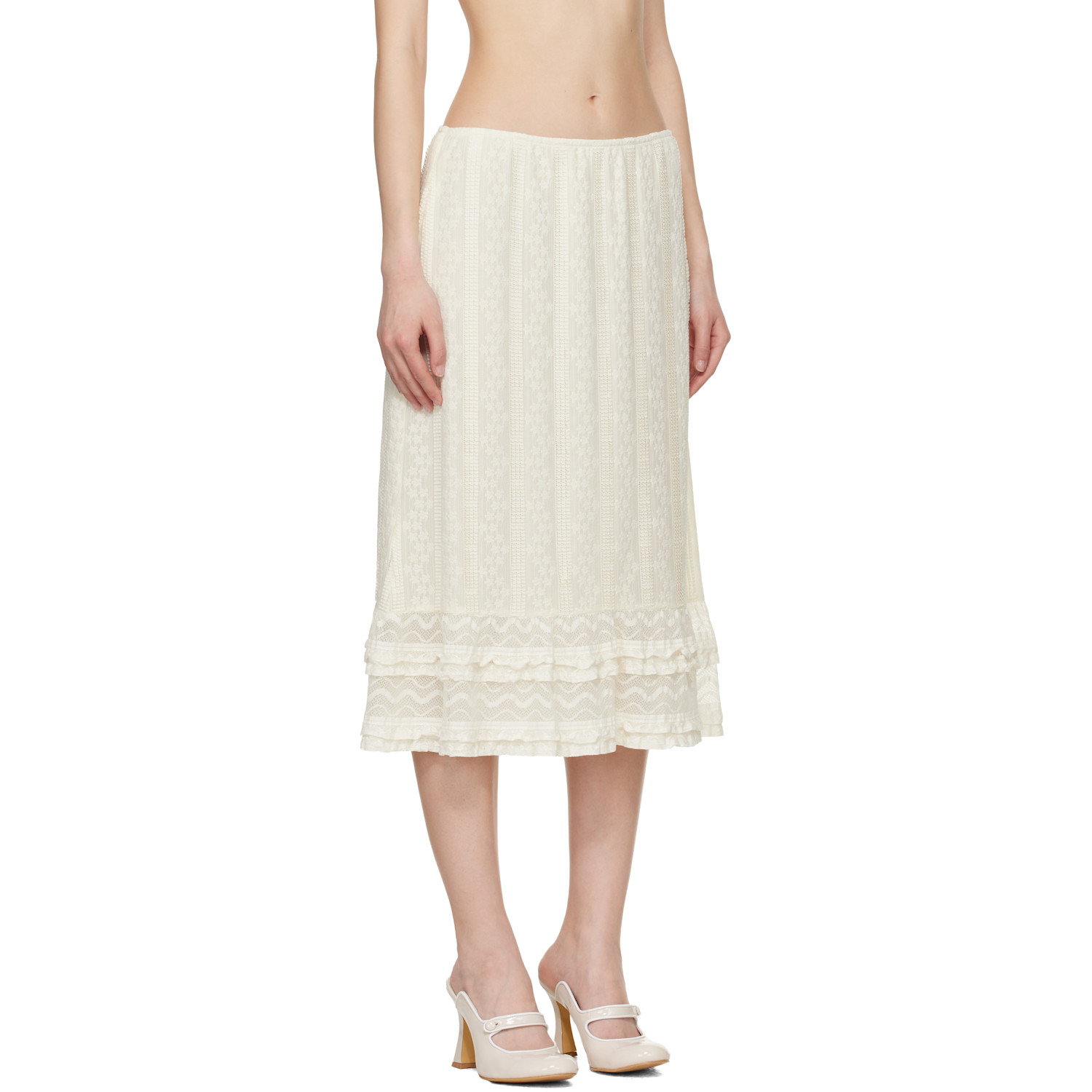  Anna Sui Off-white Floral Ruffle Stretch Lace Midi Skirt 