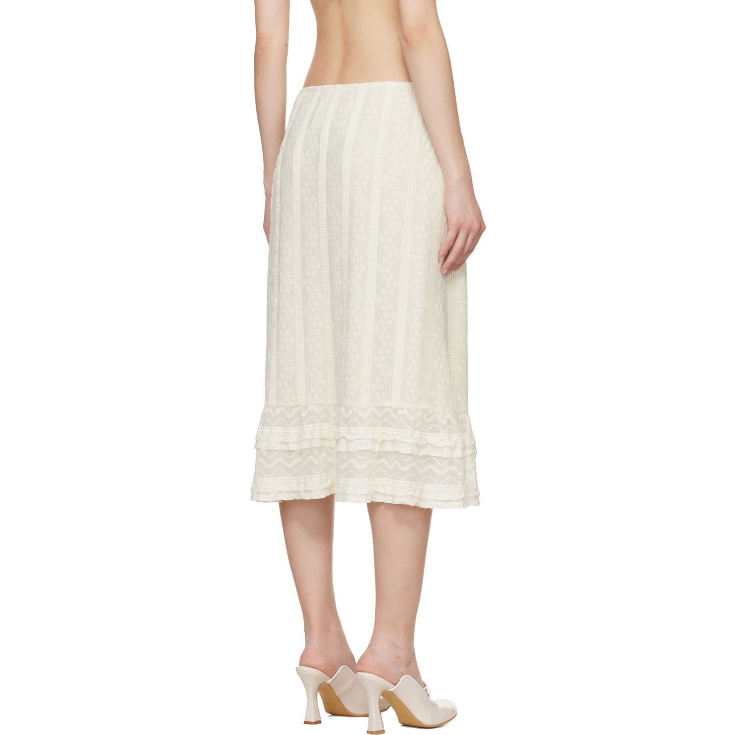  Anna Sui Off-white Floral Ruffle Stretch Lace Midi Skirt 
