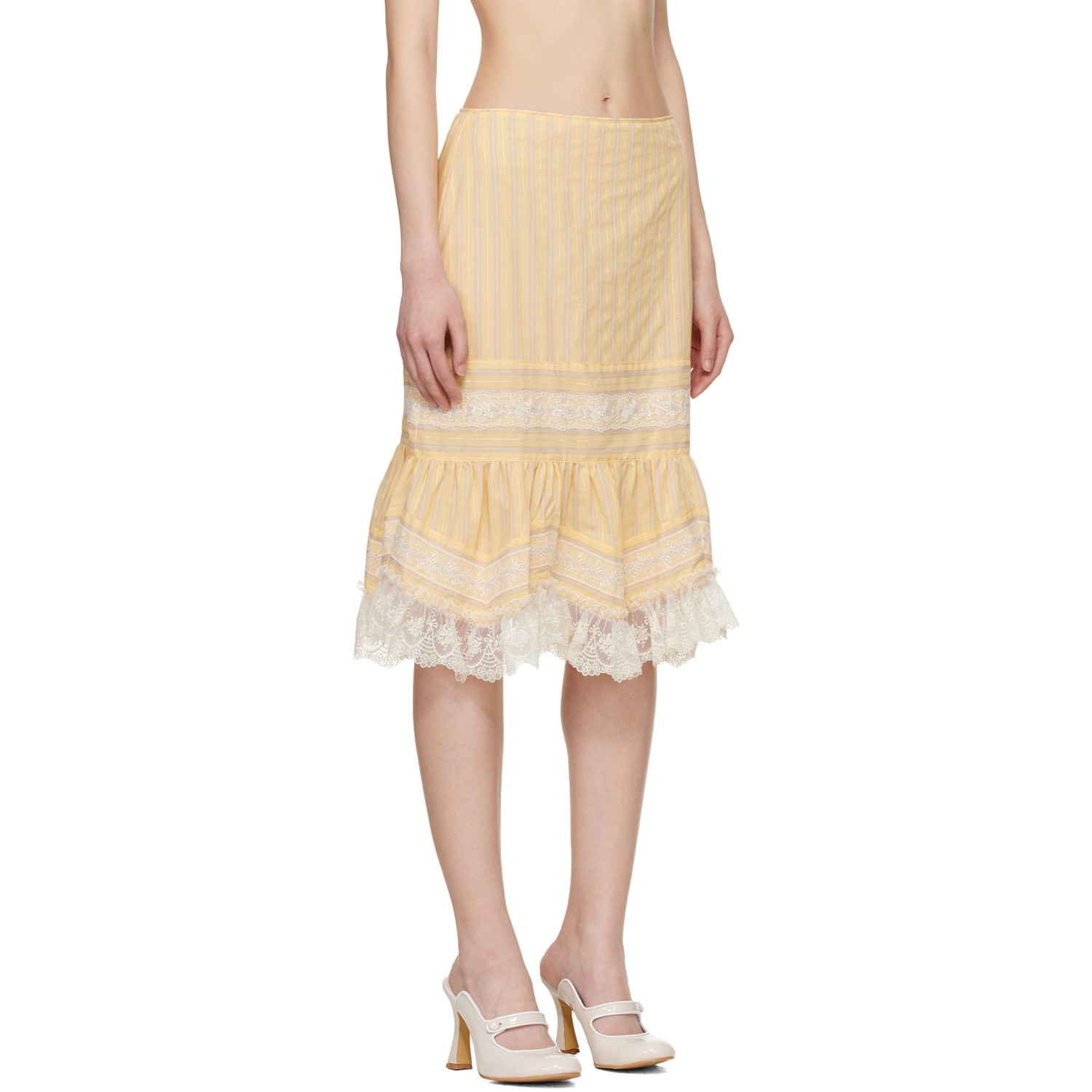  Anna Sui Yellow Ruffle Lace Midi Skirt 