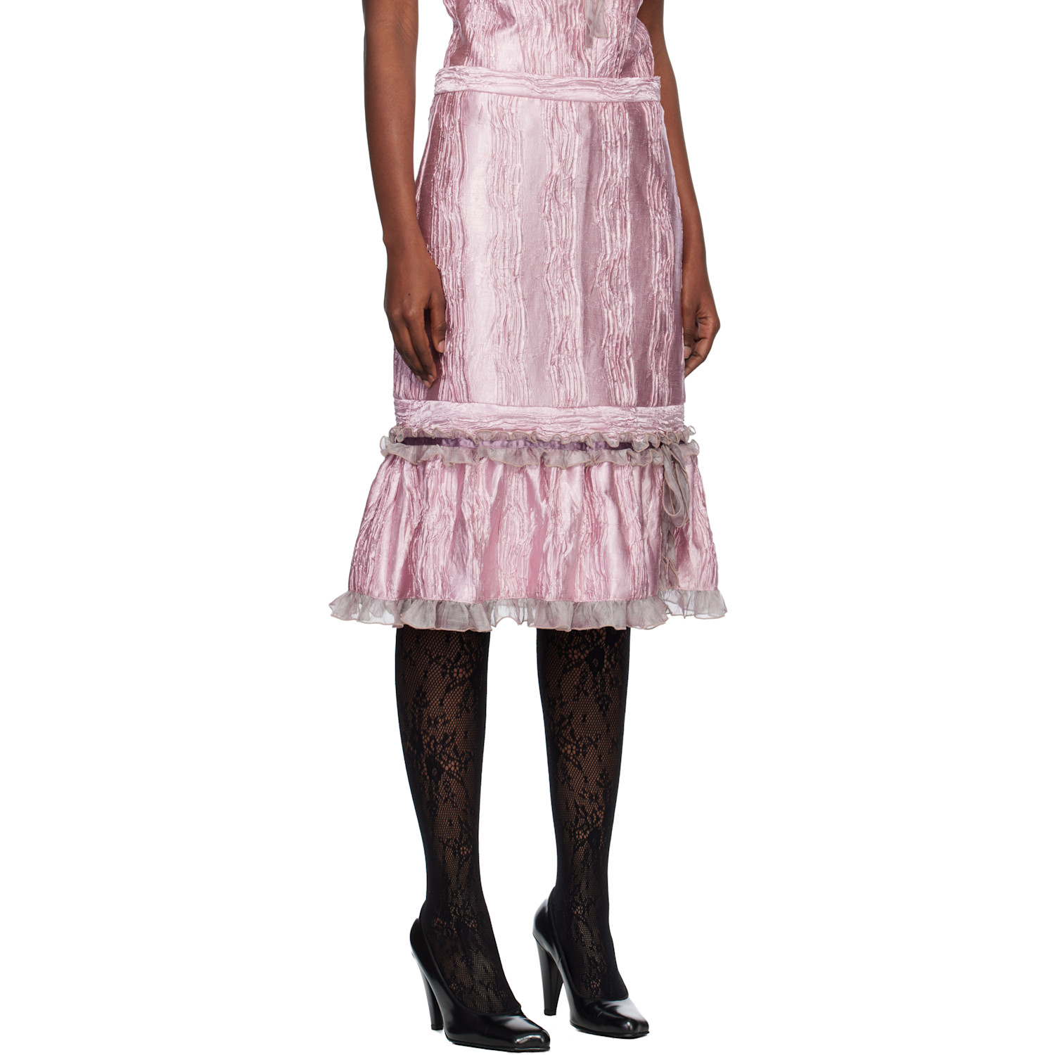  Anna Sui Pink Crushed Satin Ruffle Midi Skirt 