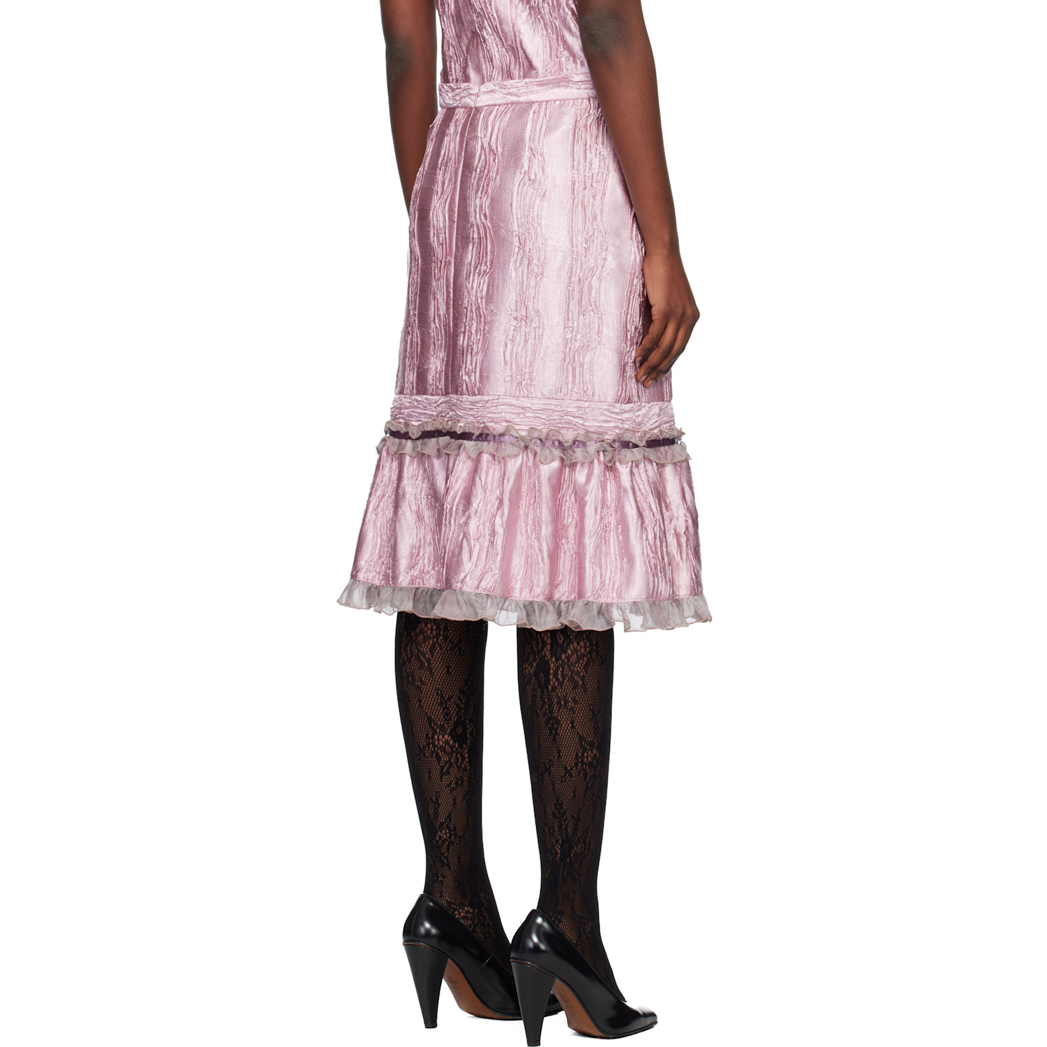  Anna Sui Pink Crushed Satin Ruffle Midi Skirt 
